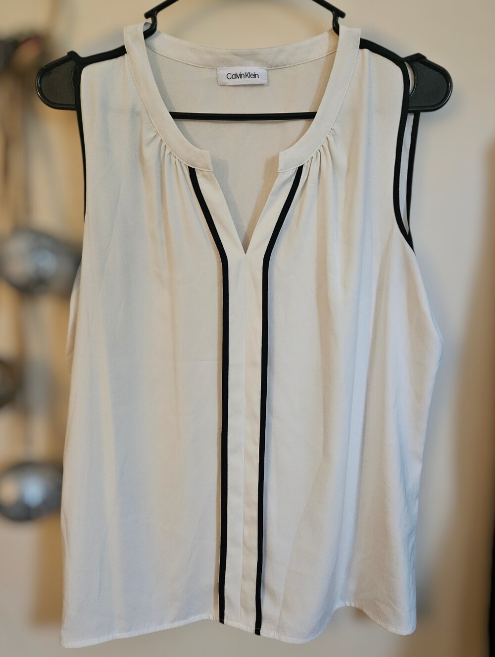 Calvin Klein White Sleeveless V-Neck Shell with Black Trim